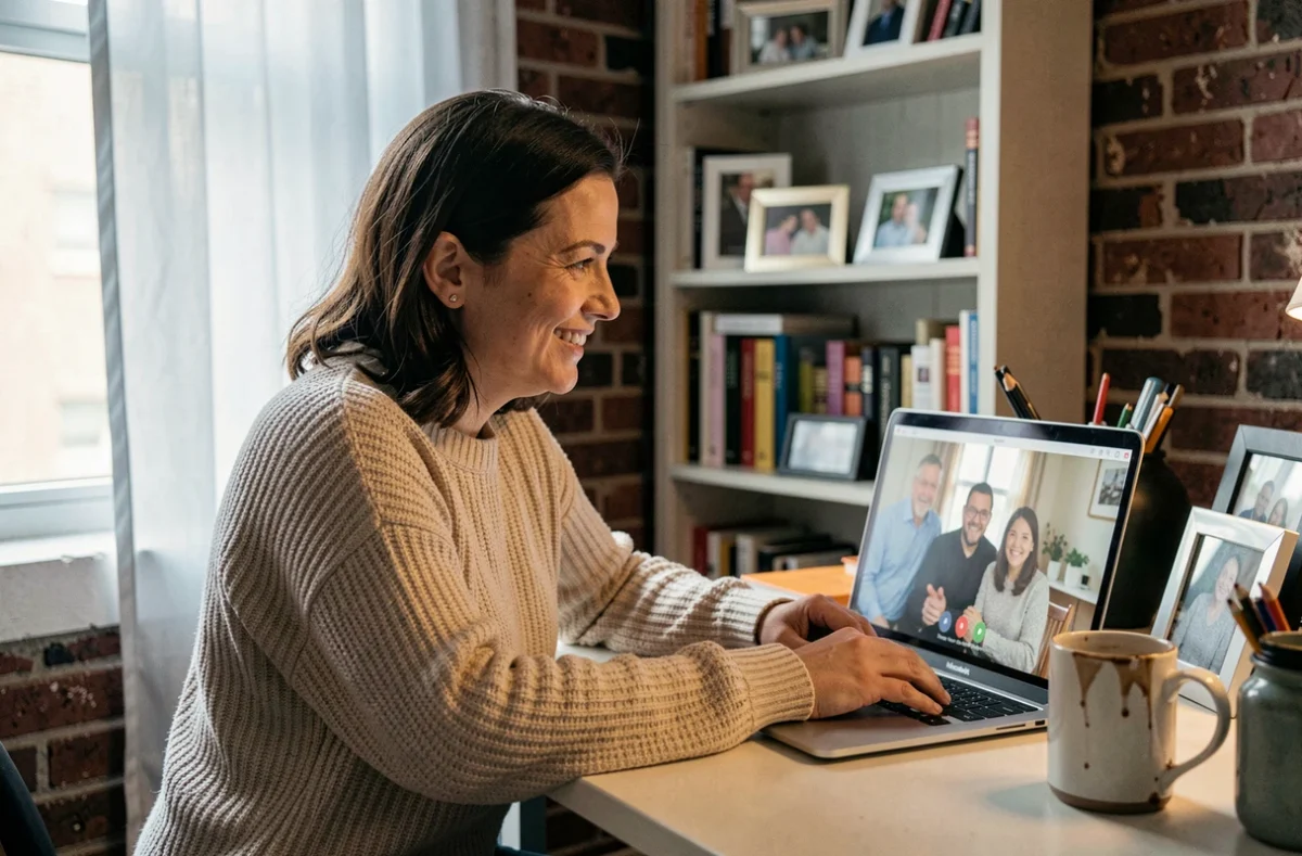 Femme adulte en appel vidéo avec sa famille depuis son appartement