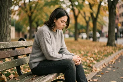 Femme assise seule sur un banc de parc en automne, expression pensive, illustrant la gestion de la colère et de la blessure émotionnelle
