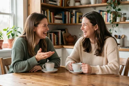 Deux femmes de la famille discutant joyeusement autour d'une table en bois dans une cuisine chaleureuse