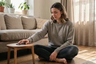 Femme posant volontairement son smartphone pour se déconnecter des écrans dans un salon cosy