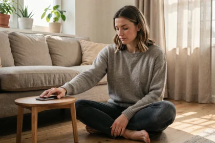 Femme posant volontairement son smartphone pour se déconnecter des écrans dans un salon cosy