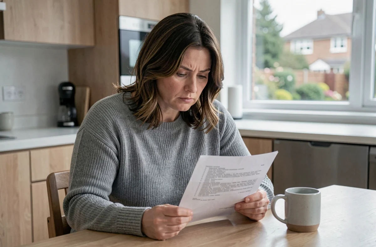 Une femme examine attentivement des documents administratifs liés à une démarche de retrait de reconnaissance parentale à son domicile