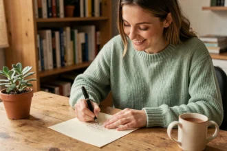 Femme souriante écrivant un message gentil à la main sur du papier crème dans un bureau cosy