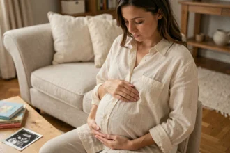 Femme enceinte en début de parentalité, les mains posées sur son ventre rond dans un salon chaleureux, contemplant sa future maternité