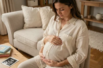 Femme enceinte en début de parentalité, les mains posées sur son ventre rond dans un salon chaleureux, contemplant sa future maternité