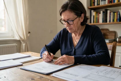Femme remplissant un formulaire de demande de compensation MDPH à domicile