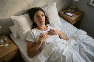Femme allongée dans son lit les yeux grands ouverts souffrant d'insomnie avec un smartphone allumé sur la table de nuit