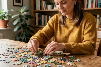 Femme concentrée assemblant un puzzle sur une table en bois rustique dans un intérieur chaleureux