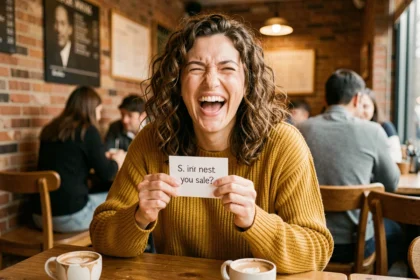 Femme riante dans un café tenant une blague avec réponse écrite sur une carte