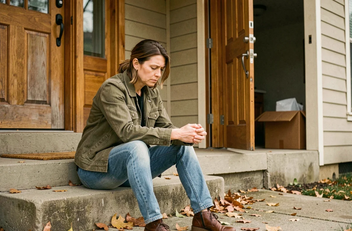 Femme seule assise sur le perron de sa maison avec des cartons de déménagement, symbolisant une séparation ou un divorce et un nouveau départ.