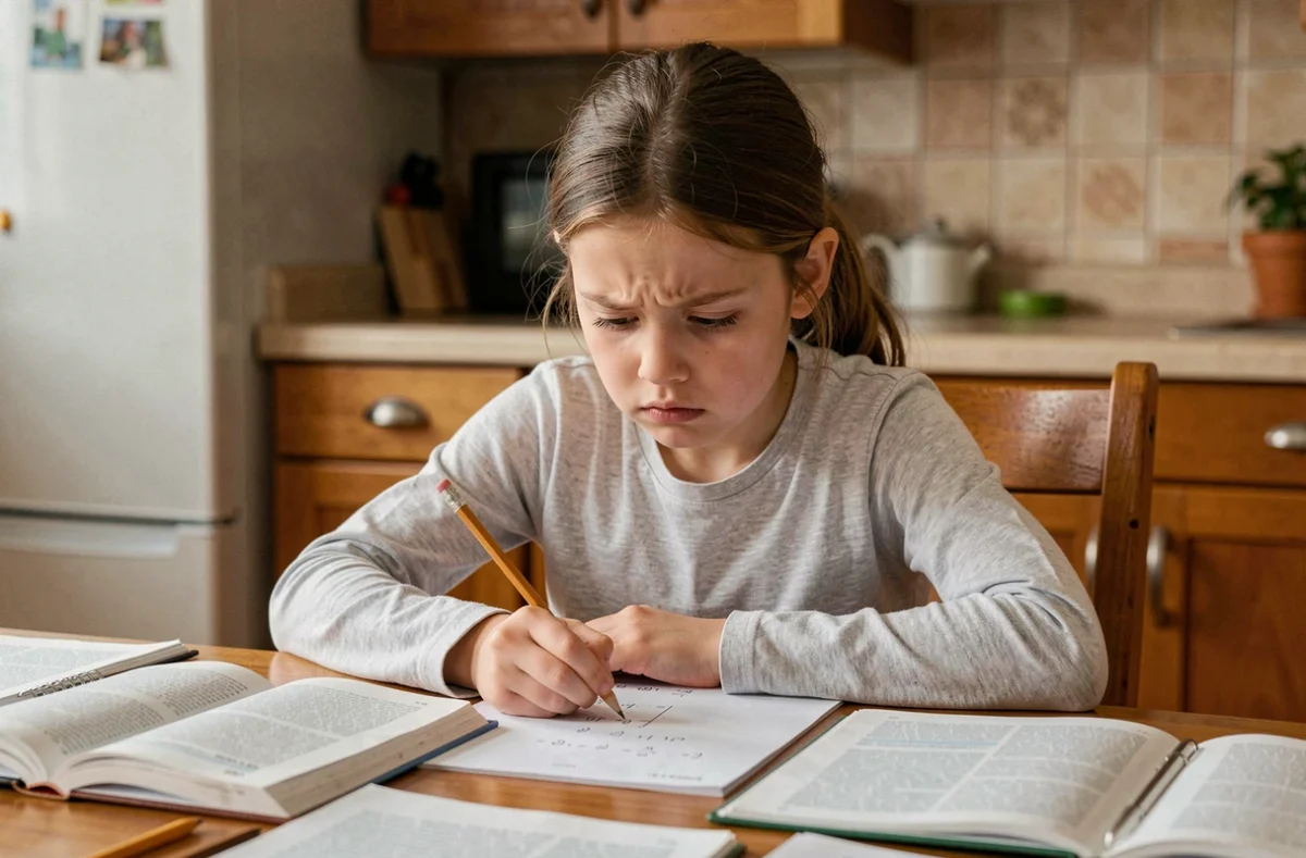 Fillette en difficulté face à ses devoirs à la maison, assise seule à la table de cuisine entourée de livres scolaires ouverts