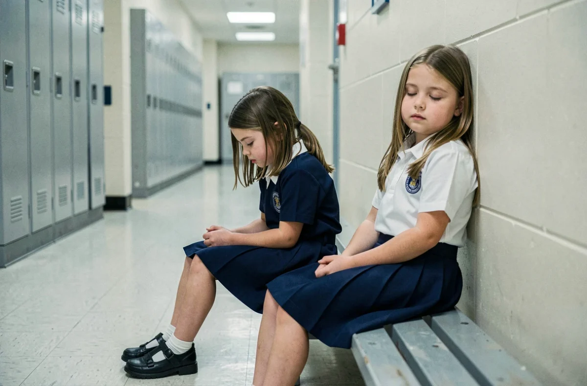 Deux fillettes en uniforme scolaire assises côte à côte dans un couloir, sans interagir ni jouer entre elles