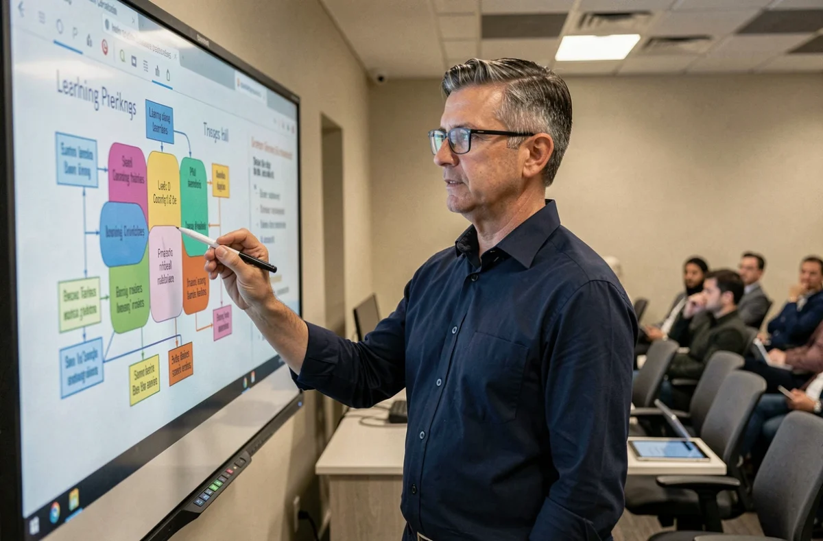 Formateur présentant un schéma pédagogique sur tableau interactif lors d'une session de formation professionnelle
