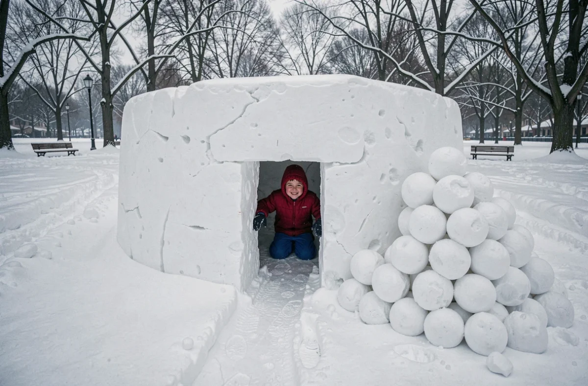 Fort en neige complété dans un parc enneigé avec un enfant jouant à l'intérieur