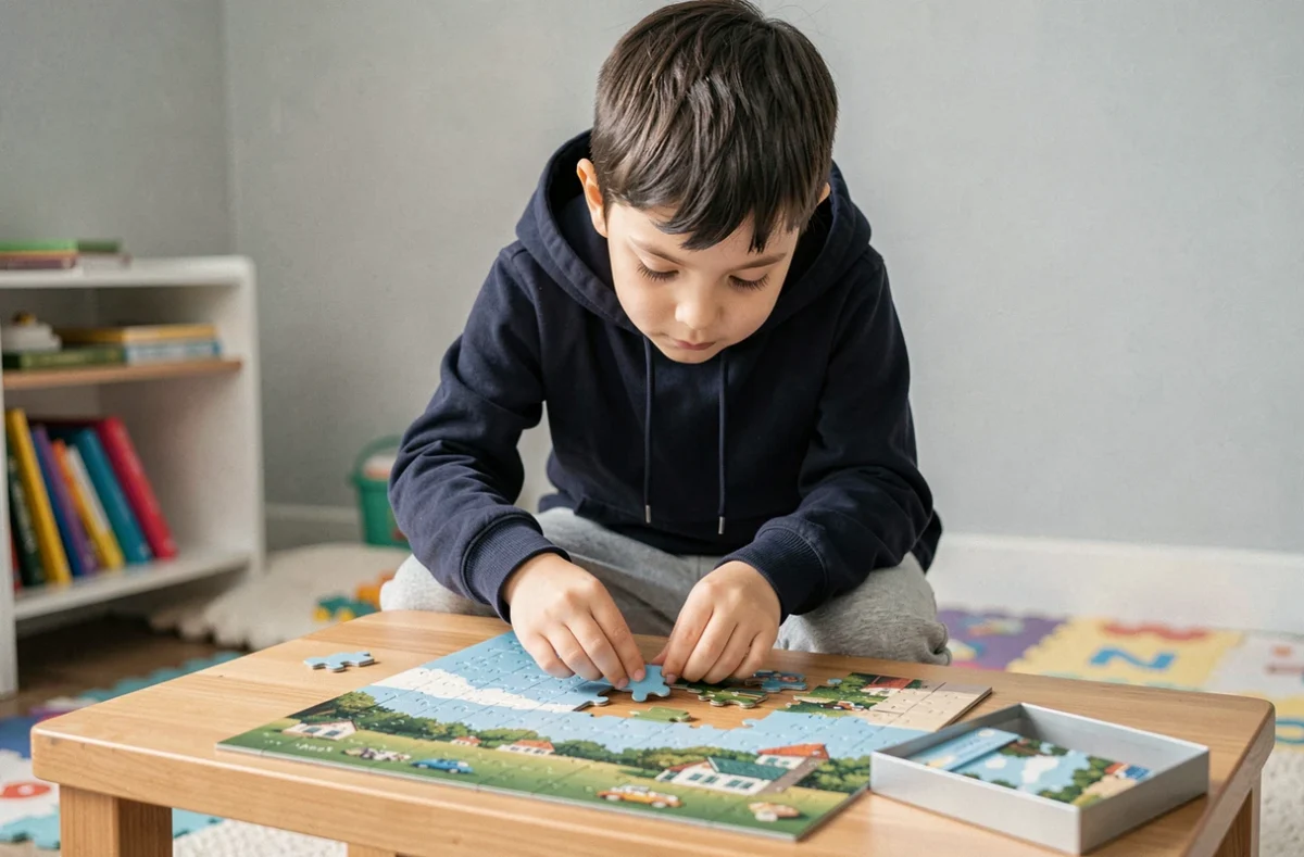 Garçon de 7 ans concentré sur un puzzle de 100 pièces posé sur une table basse dans une chambre d'enfant moderne