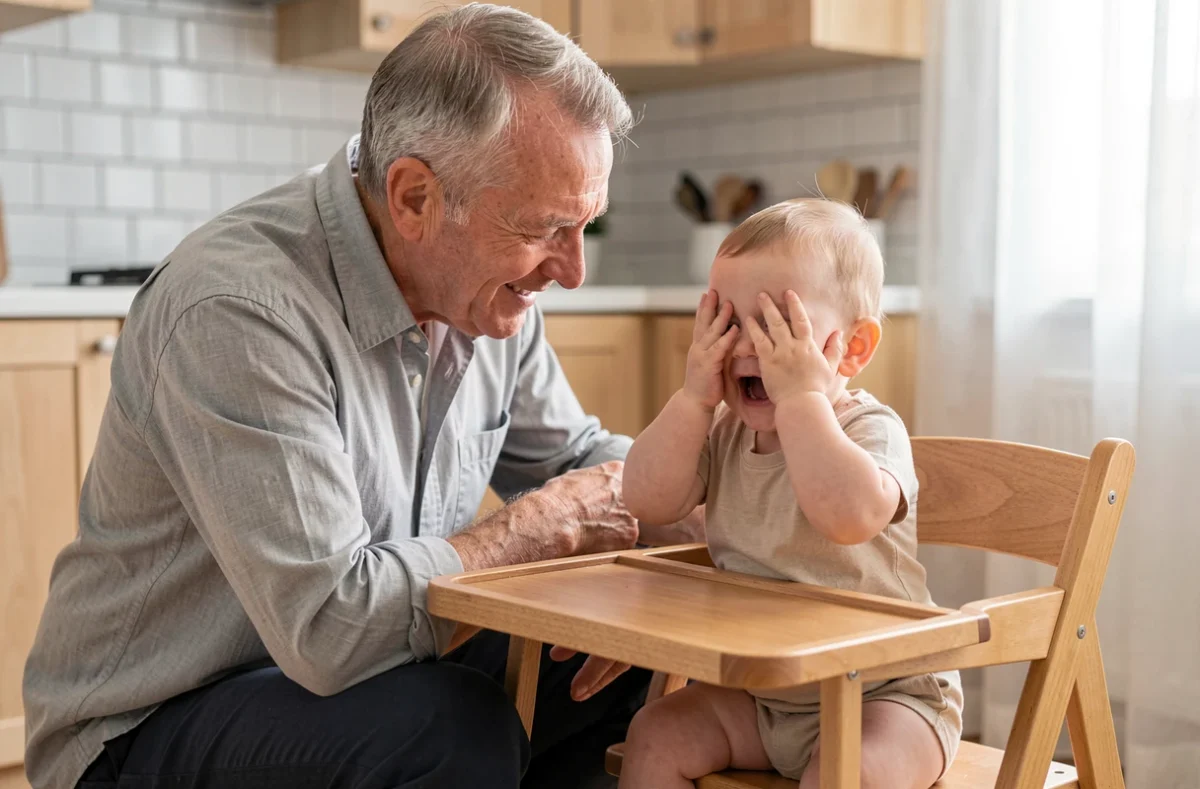 Grand-père qui joue à coucou avec son bébé de 10 mois installé dans une chaise haute de cuisine