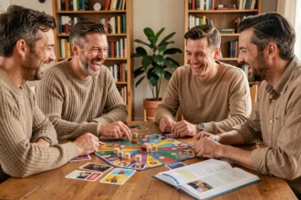 Groupe d'adultes jouant à un jeu de société autour d'une table en bois dans un intérieur chaleureux