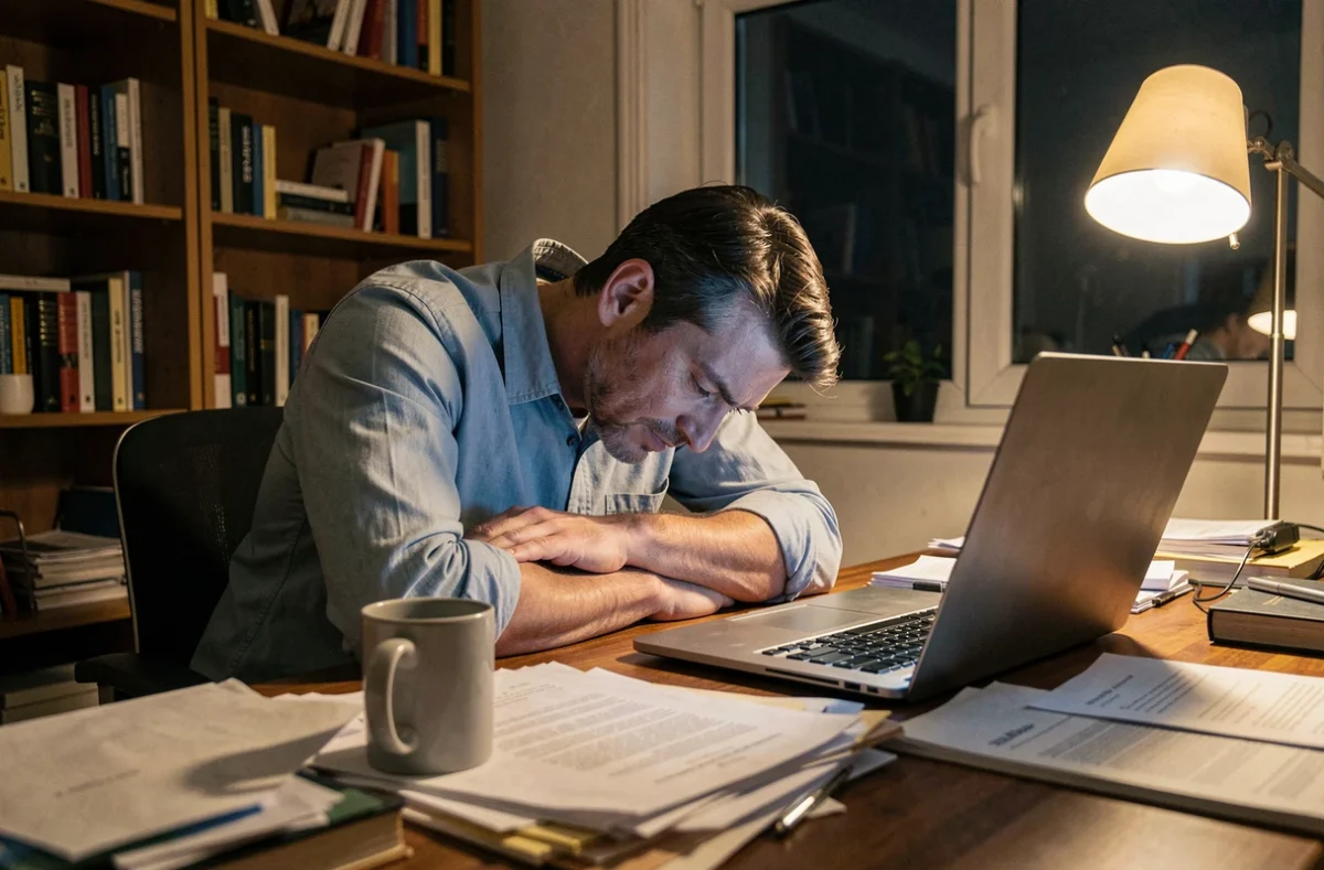 Homme endormi sur son bureau la nuit devant un ordinateur portable entouré de papiers illustrant la perturbation du sommeil par le travail