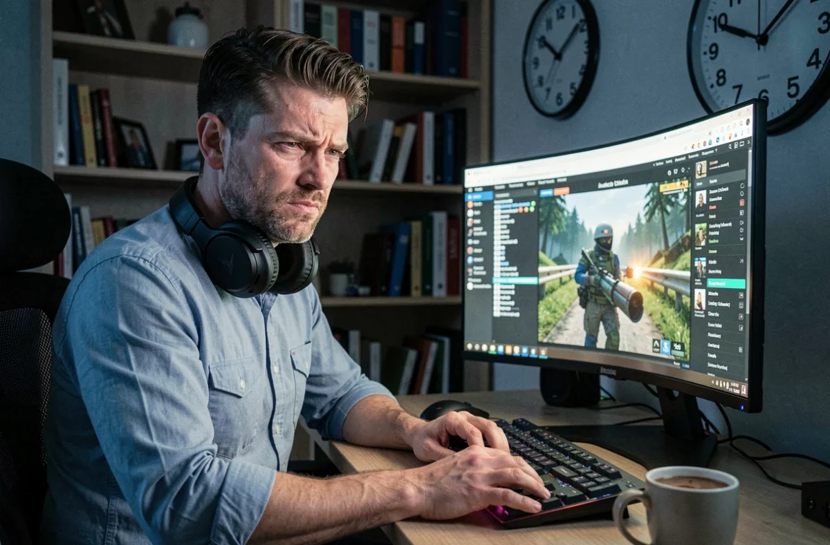 Homme adulte épuisé jouant aux jeux vidéo tard la nuit dans un bureau à domicile, illustrant les risques psychologiques et physiques de l'usage excessif des jeux vidéo