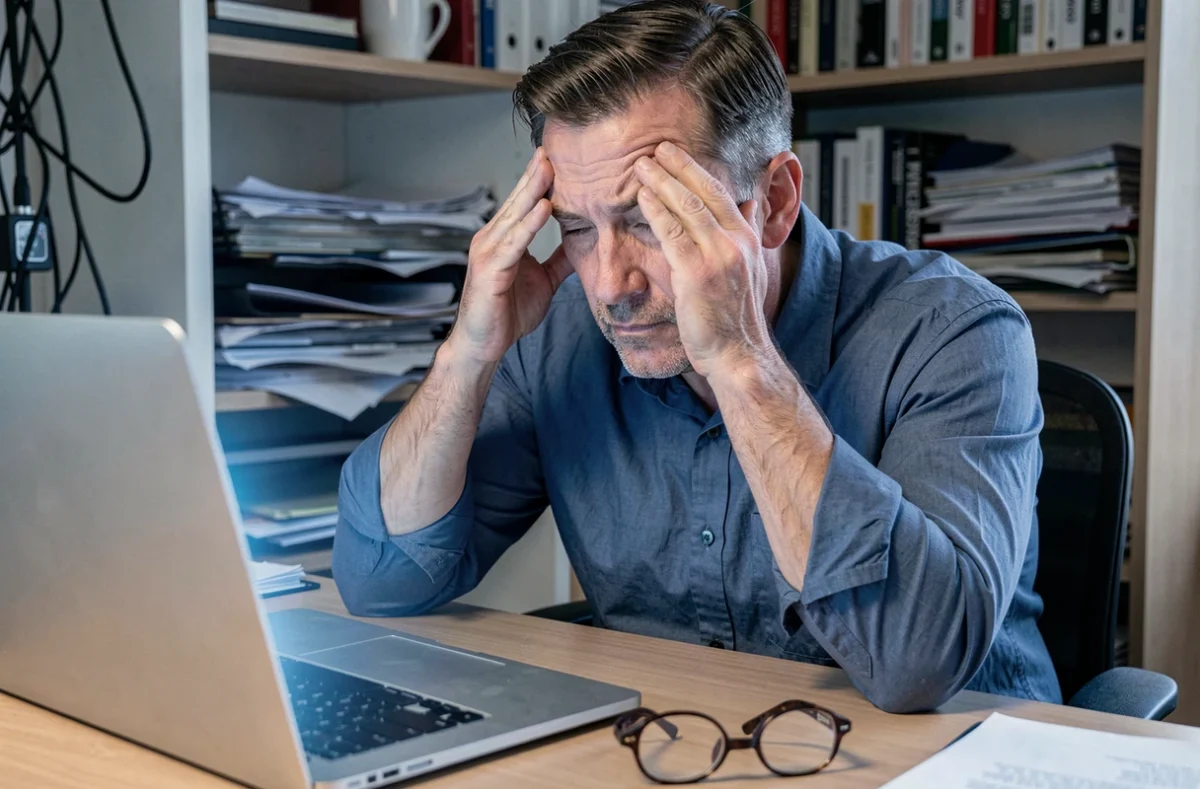 Homme fatigué frottant ses yeux devant un écran d'ordinateur portable dans un bureau encombré