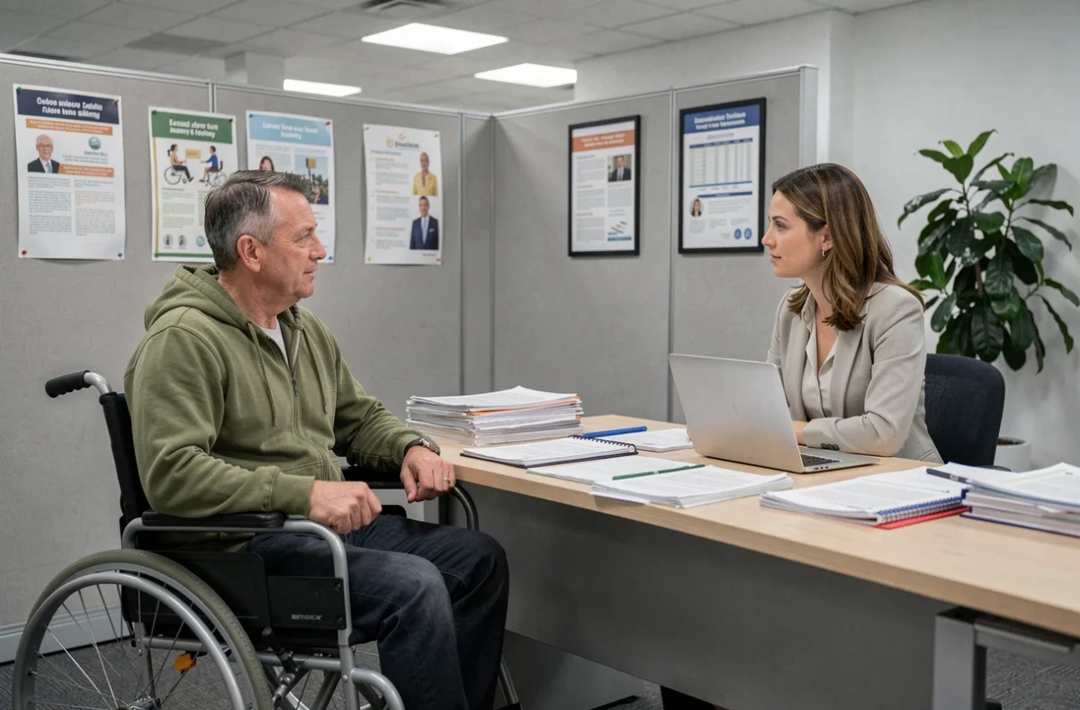 Homme en fauteuil roulant lors d'un entretien avec un conseiller MDPH