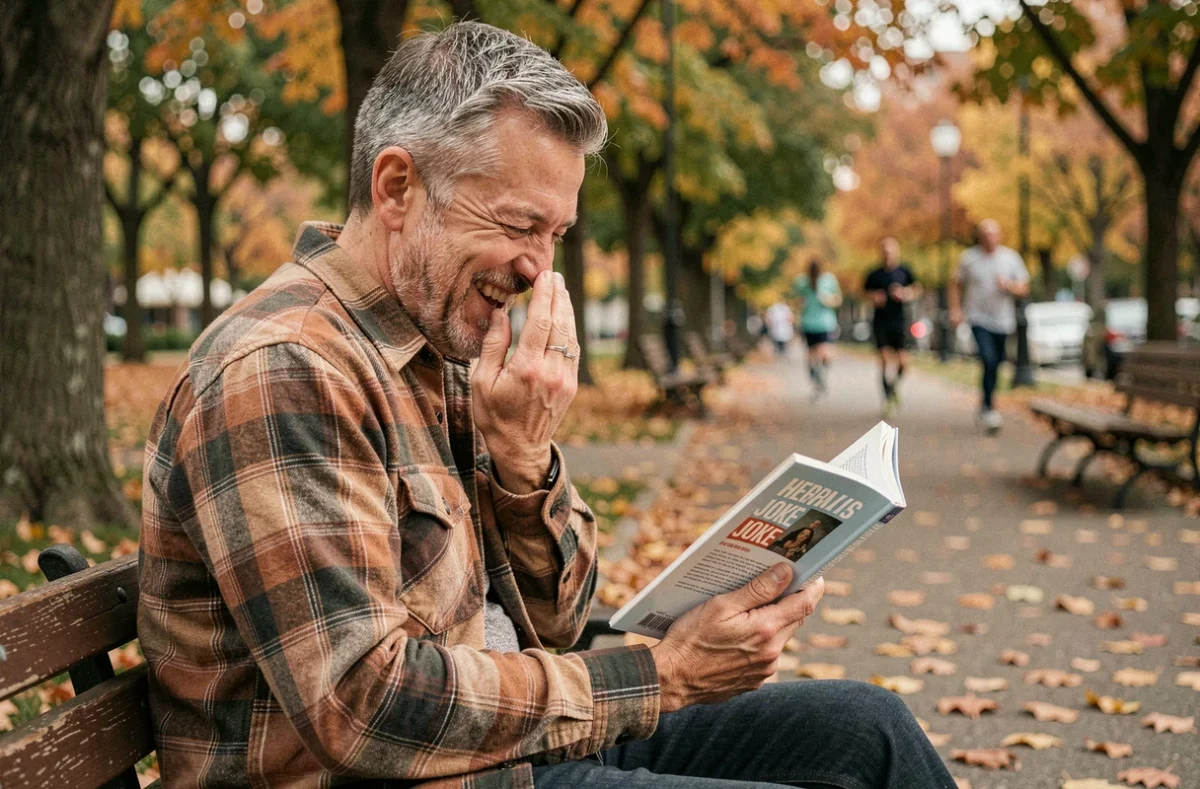 Homme d'âge moyen souriant en lisant un livre de blagues dans un parc en automne