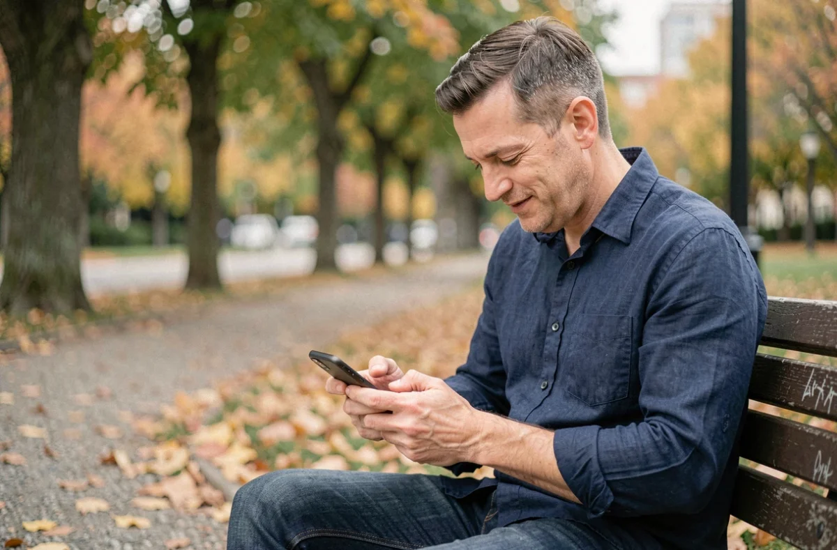 Homme tapant un message bienveillant sur son téléphone assis sur un banc dans un parc en automne