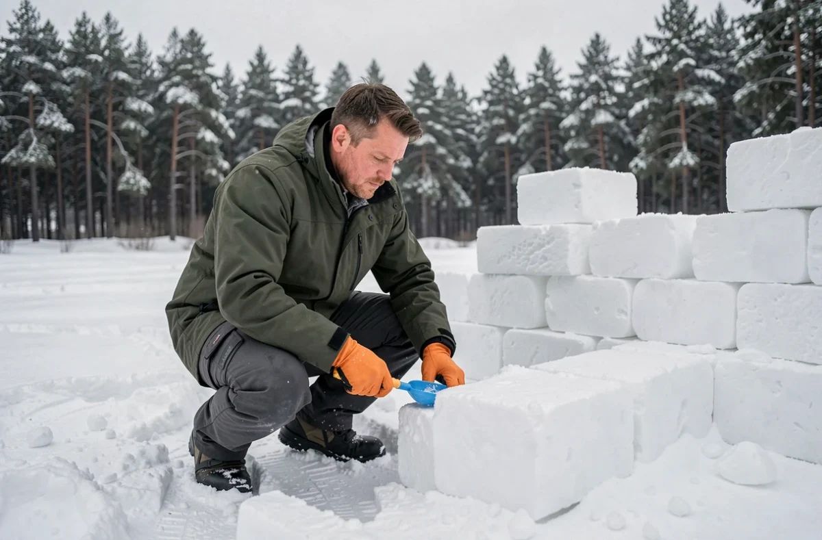 Homme adulte sculptant des blocs de neige pour construire un fort dans un champ enneigé