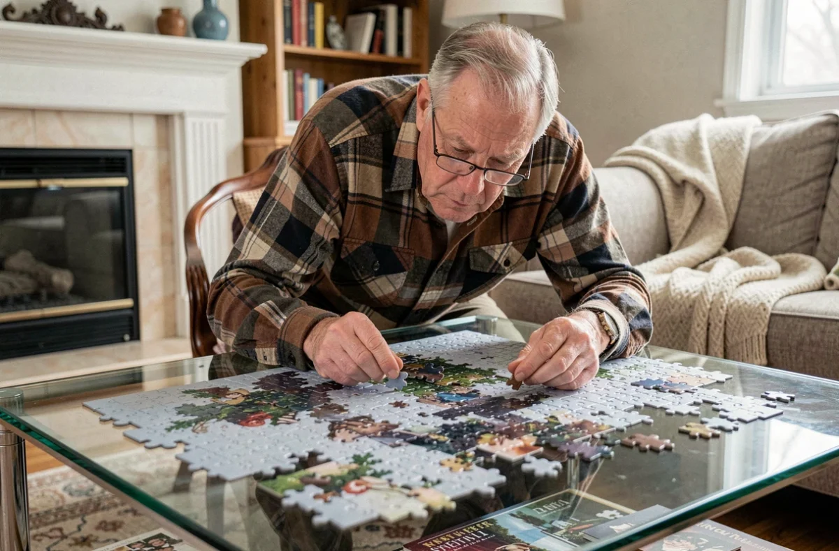 Homme âgé examinant les pièces d'un grand puzzle sur une table basse dans un salon confortable