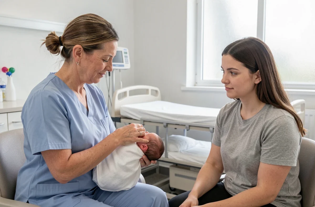 Infirmière pédiatrique expliquant à des jeunes parents comment soutenir correctement la tête d'un nouveau-né à la maternité