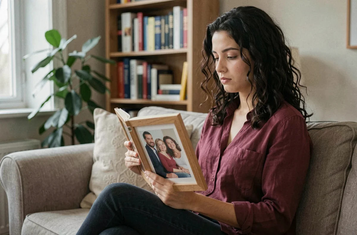 Jeune femme pensive tenant une photo de famille sur un canapé, symbolisant l'introspection sur les liens fraternels et les dynamiques psychologiques entre frères et sœurs