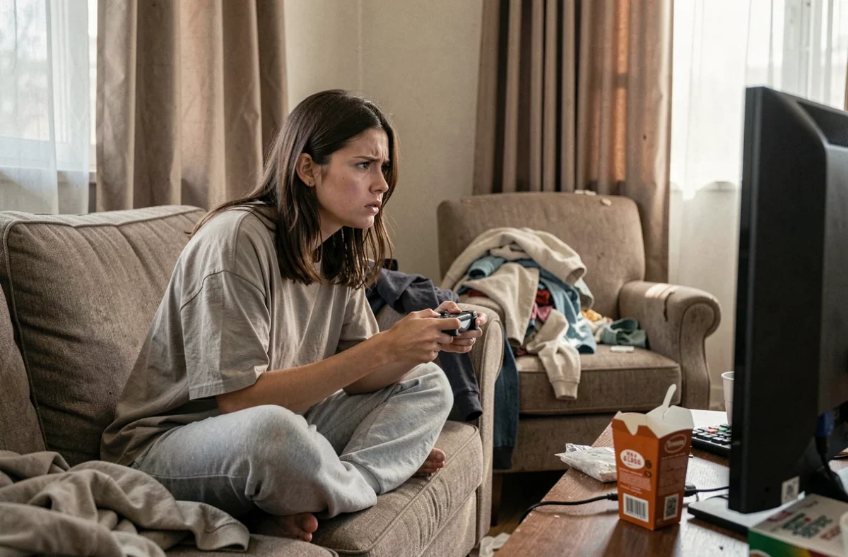 Jeune femme absorbée par les jeux vidéo sur sa console dans un salon négligé, montrant les effets de l'addiction aux jeux vidéo