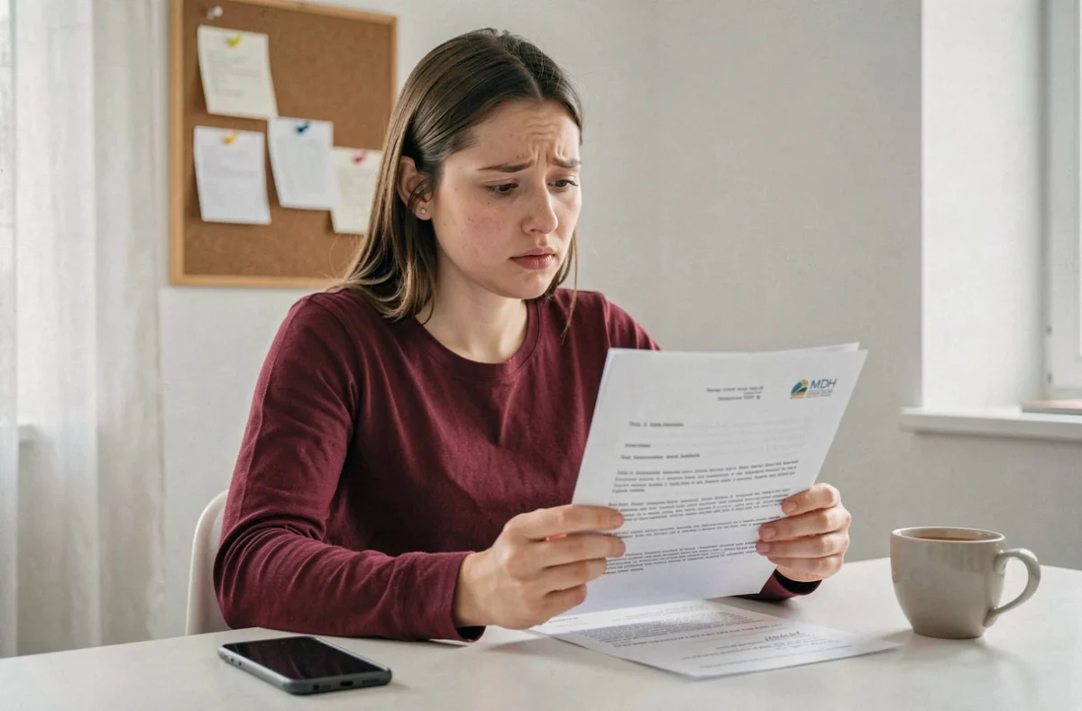 Jeune femme en situation de handicap lisant une décision de compensation MDPH