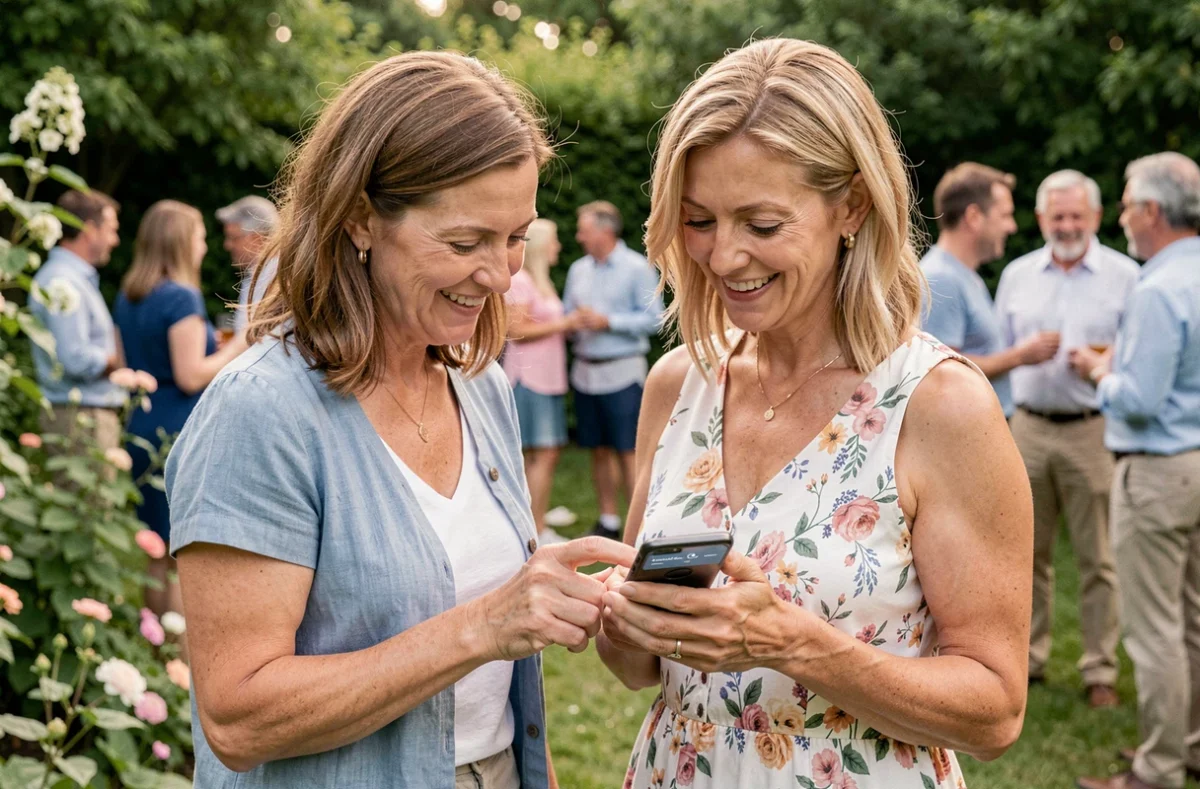 Deux femmes consultant une application de généalogie lors d'une réunion familiale dans un jardin