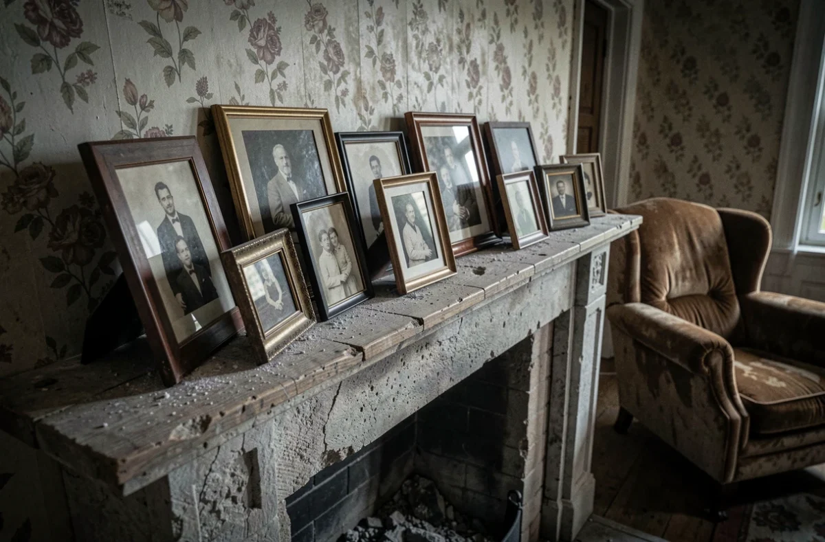 Collection de portraits de famille encadrés posés sur un manteau de cheminée poussiéreux, certains renversés, évoquant les drames et secrets cachés d'une famille brisée