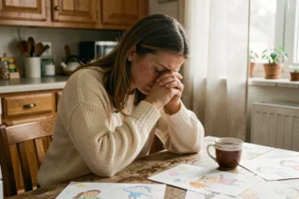 Maman épuisée assise seule à la table de cuisine, tête posée sur les mains, entourée de dessins d'enfants, exprimant un bouleversement émotionnel silencieux