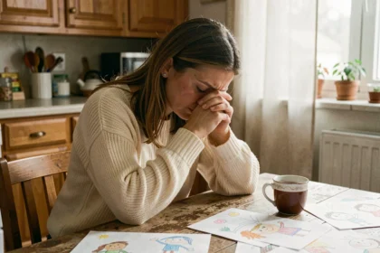 Maman épuisée assise seule à la table de cuisine, tête posée sur les mains, entourée de dessins d'enfants, exprimant un bouleversement émotionnel silencieux