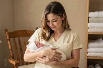Jeune mère tenant son nouveau-né emmailloté dans une mousseline douce dans une chambre de bébé cosy