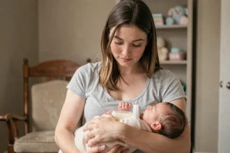 Jeune mère allaitant son nouveau-né au biberon dans une chambre de bébé cosy, illustrant l'allaitement mixte