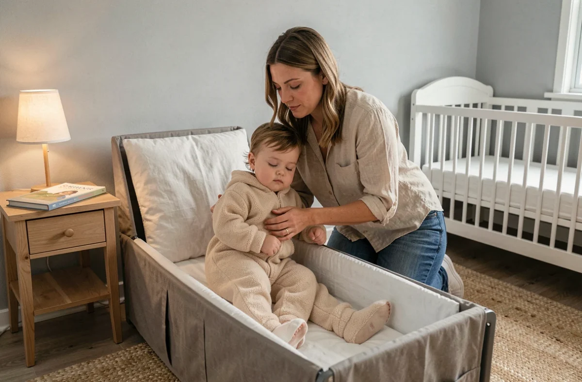 Mère déposant doucement son tout-petit endormi dans un lit convertible pour tout-petits dans une chambre décorée sobrement en gris clair