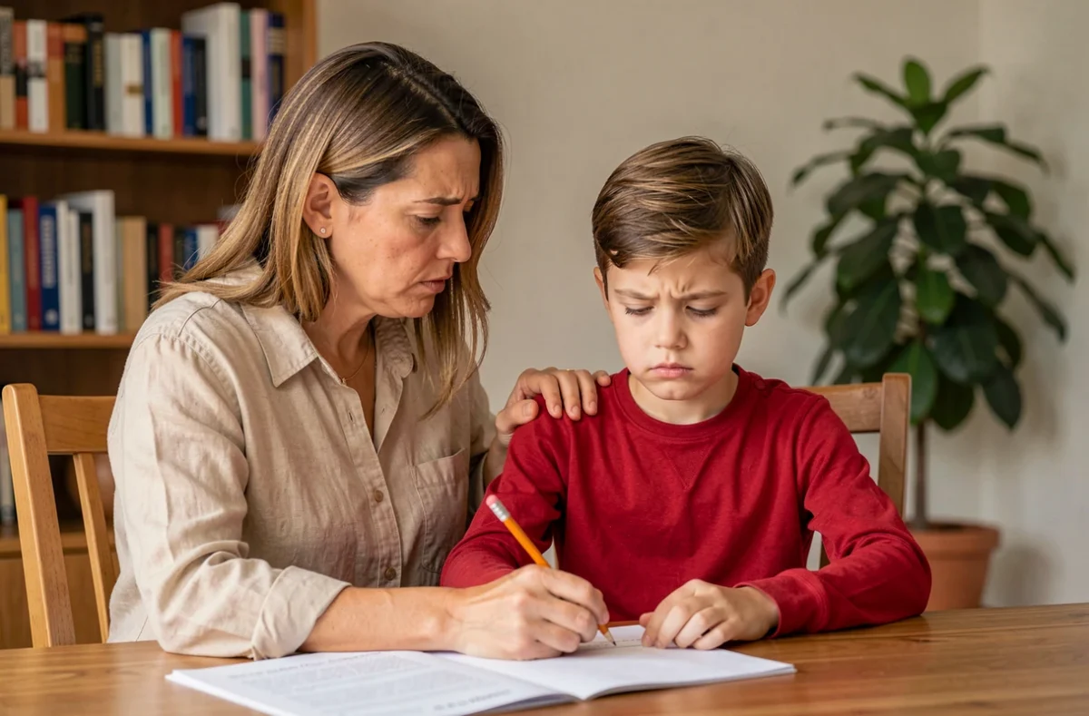 Mère accompagnant son enfant en blocage scolaire à la maison, main posée sur l'épaule du garçon immobile devant ses devoirs