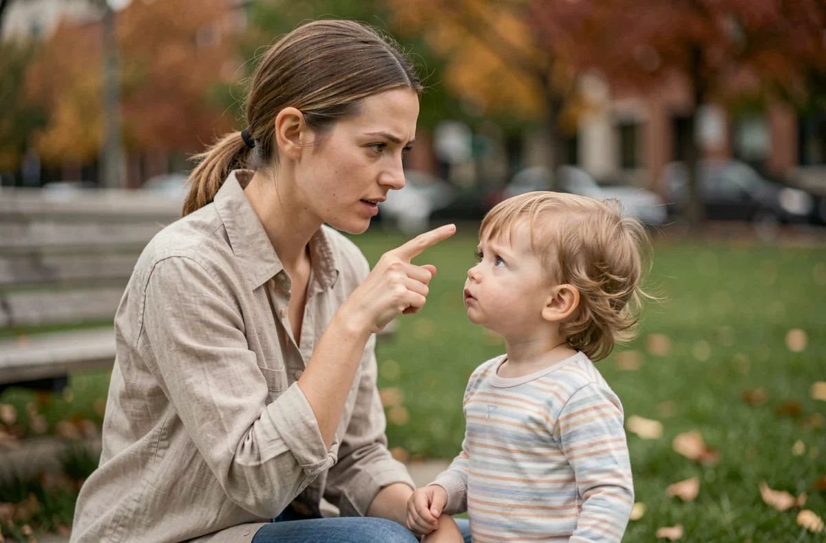 Mère accompagnant son enfant de 2 ans dans un parc, tentant de stimuler la communication verbale dans un cadre naturel et bienveillant