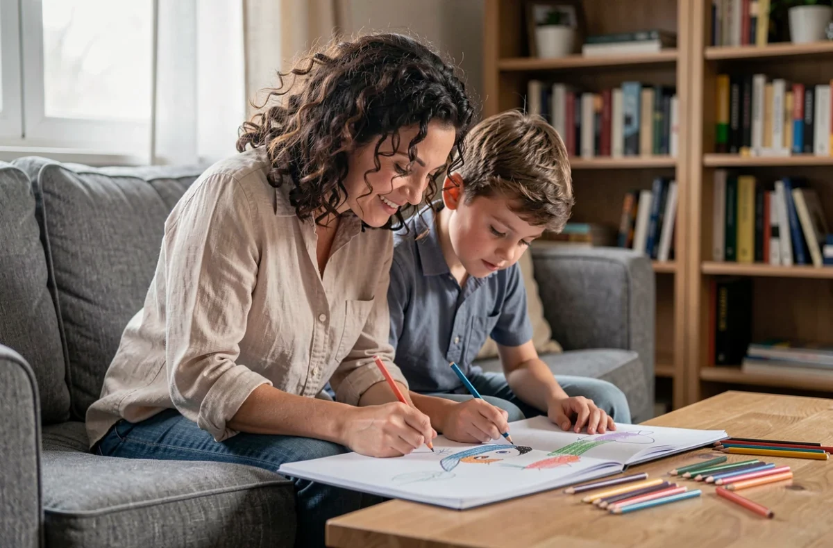 Mère aidant son fils à dessiner sur le canapé, illustration de parentalité heureuse et bienveillante à la maison