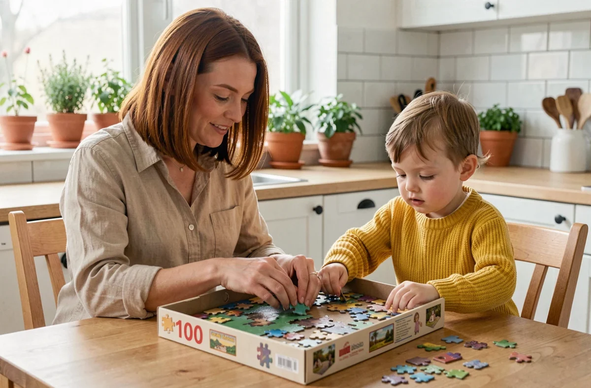 Mère aidant son enfant de 4 ans à trier les pièces d'un puzzle de 100 pièces sur une table de cuisine lumineuse