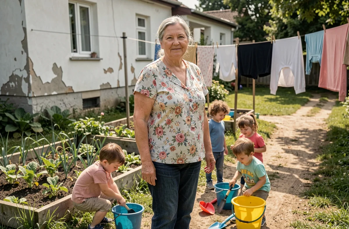 Une mère mature et sereine dans son jardin entourée de jeunes enfants jouant avec des outils de jardinage