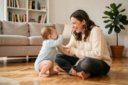 Mère jouant à coucou avec son bébé de 8 mois sur un parquet en bois dans un salon cosy