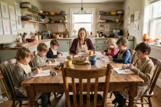 Une mère entourée de nombreux enfants de tous âges autour d'une grande table en bois dans une cuisine de ferme animée