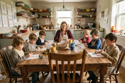 Une mère entourée de nombreux enfants de tous âges autour d'une grande table en bois dans une cuisine de ferme animée