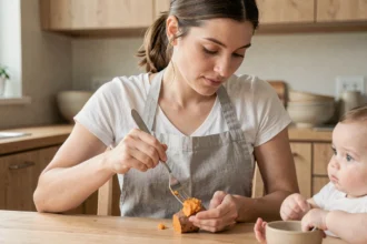 Jeune mère préparant une purée de patate douce pour la diversification alimentaire de son bébé dans une cuisine naturelle en bois