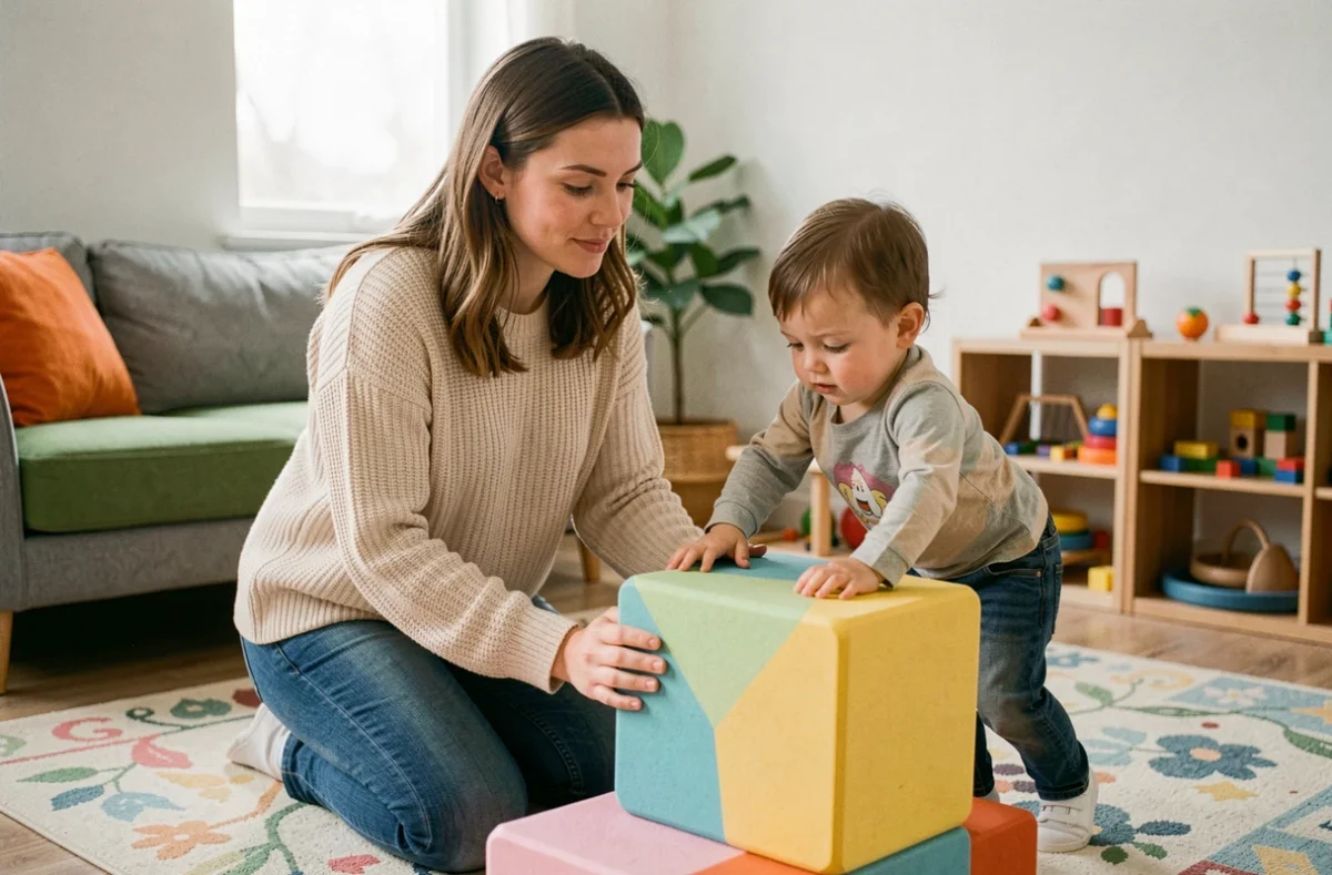 Mère observant attentivement son bébé grimper sur un cube en mousse dans une salle de jeux, illustrant la supervision parentale bienveillante lors des activités motrices du nourrisson